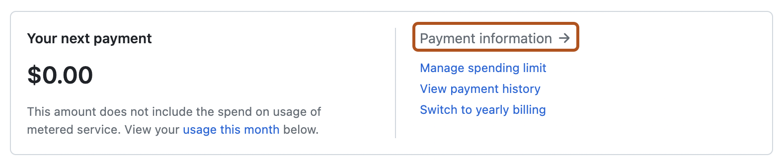 Screenshot of the summary section of the billing settings page for a personal account. A link, labeled "Payment information", is highlighted with an orange outline.