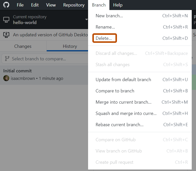 Screenshot der Menüleiste „GitHub Desktop“ unter Windows. Im erweiterten Dropdownmenü „Branch“ ist eine Option mit der Bezeichnung „Löschen“ orange umrandet.
