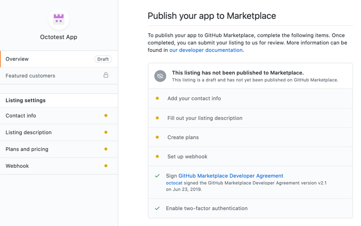 Captura de tela de uma listagem do GitHub Marketplace de rascunho. Em uma seção rotulada como "Publicar o aplicativo no Marketplace", itens de ação inacabados, como "Adicionar as informações de contato", ficam marcados com círculos laranjas.