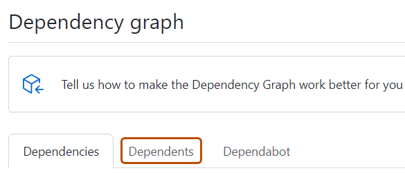 Screenshot of the "Dependency graph" page. The "Dependents" tab is highlighted with an orange outline.