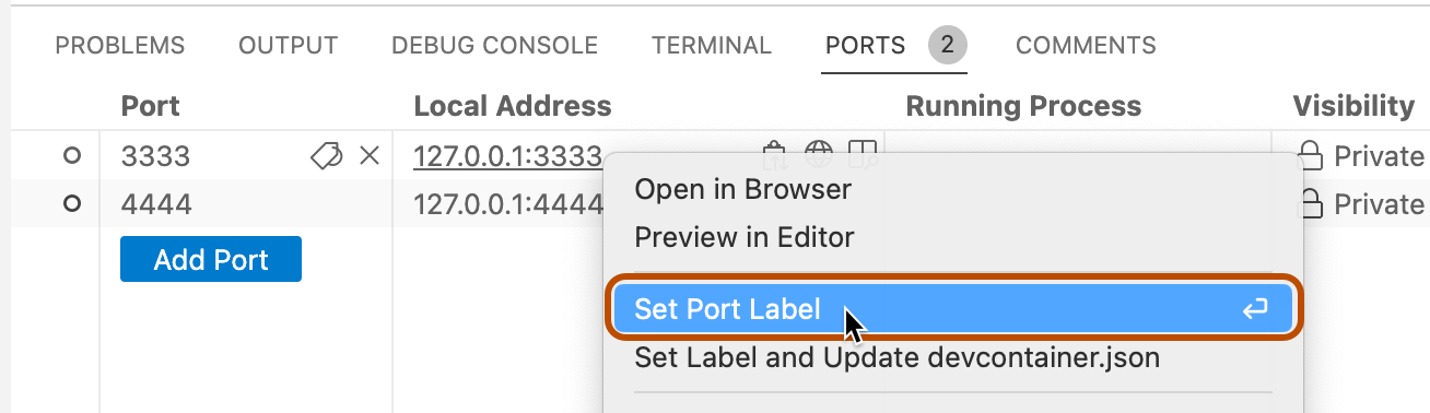 Screenshot of the pop-up menu for a forwarded port, with the "Set Port Label" option highlighted with an orange outline.