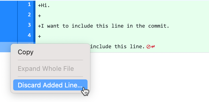 Captura de tela da exibição de comparação de um arquivo. Em um menu de contexto, um cursor passa sobre "Descartar Linha Adicionada", realçado em azul.