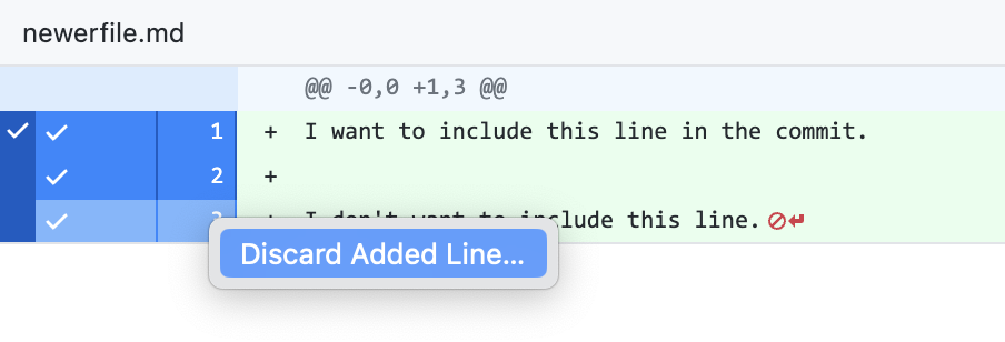 文件的差异视图的屏幕截图。 在上下文菜单中，光标悬停在“放弃添加的行”上，以蓝色突出显示。