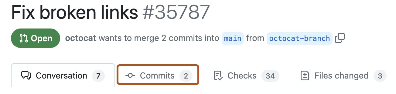 Screenshot des Titels und der Registerkarten eines Pull Requests. Die Registerkarte „Commits“ ist dunkelorange umrandet.