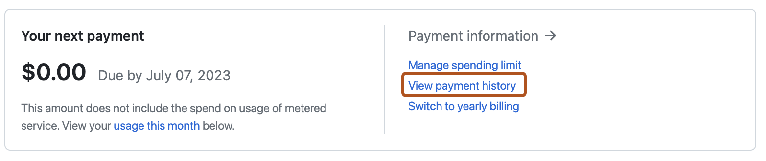 Screenshot of the Billing Summary section of the payment information settings page. Under "Payment information", a link, labeled "View payment history", is highlighted with a dark orange outline.