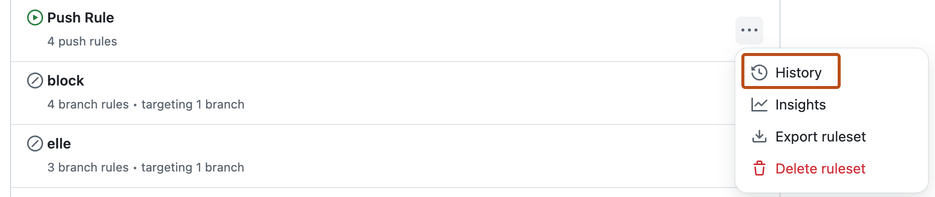 Screenshot of the page for repository rulesets. Below a button labeled with three dots, an option labeled "History" is outlined in orange.