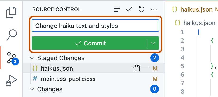 Screenshot der Seitenleiste „Quellcodeverwaltung“, die Commitnachricht „Change haiku text and styles“ und die Schaltfläche „Committen“ sind orange umrandet.