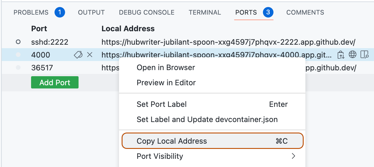 Screenshot des Popupmenüs für einen weitergeleiteten Port mit hervorgehobener Option „Lokale Adresse kopieren“ mit orangefarbenem Umriss