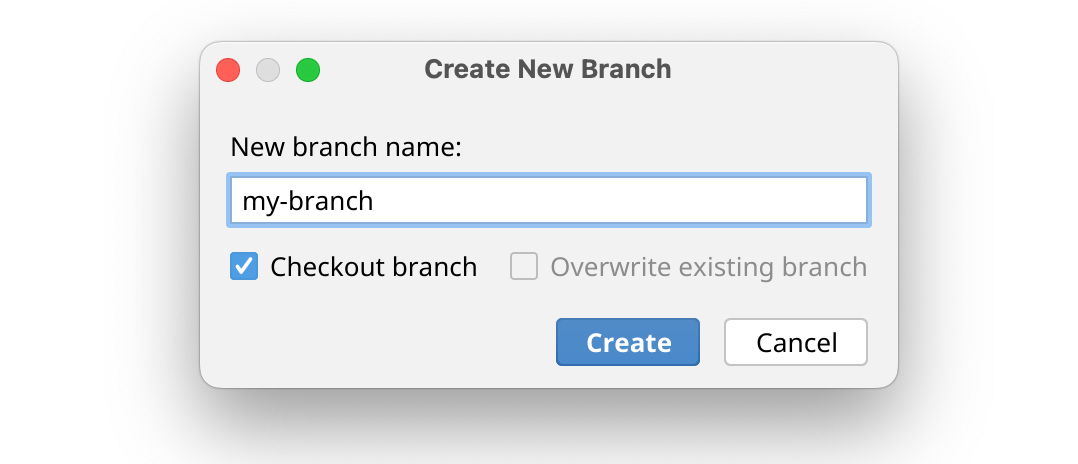 Screenshot of the "Create New Branch" dialog, with "Create" and "Cancel" buttons. "my-branch" has been entered as a branch name.