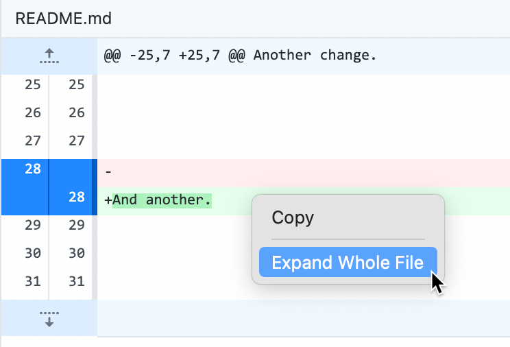 "README" ファイルの差分ビューのスクリーンショット。 緑色の "追加" 行のコンテキスト メニューの [Expand Whole File] (ファイル全体を展開) にカーソルが置かれています。