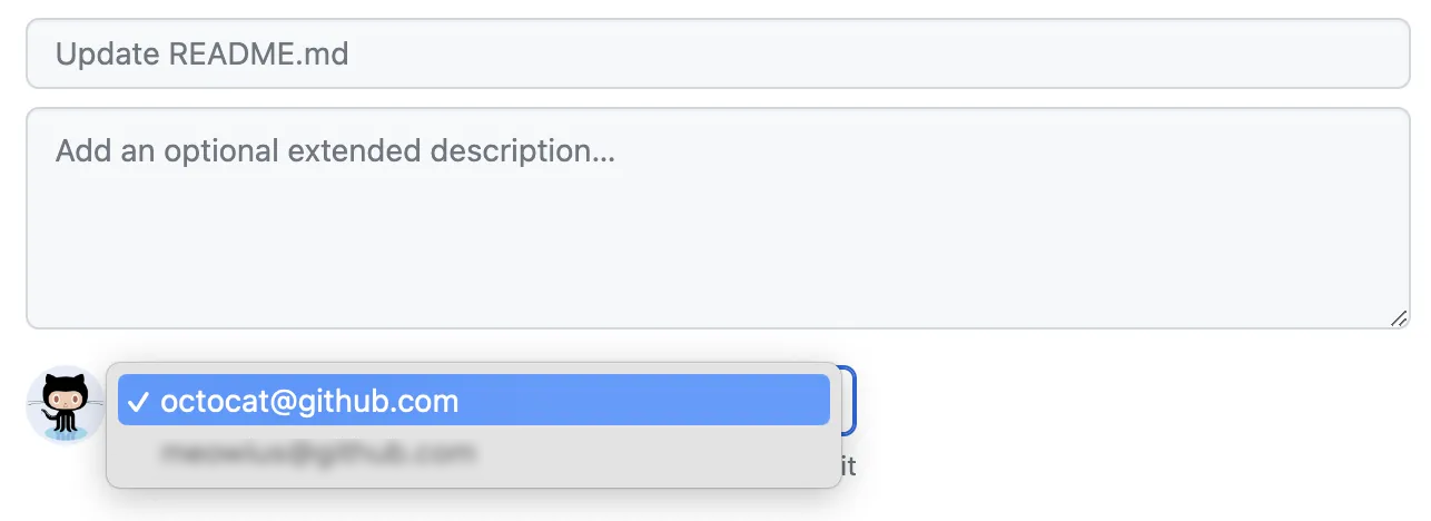 Captura de pantalla de una solicitud de cambios de GitHub en la que se muestra un menú desplegable con opciones para elegir la dirección de correo electrónico del creador de la confirmación. octocat@github.com aparece como que se seleccionó.