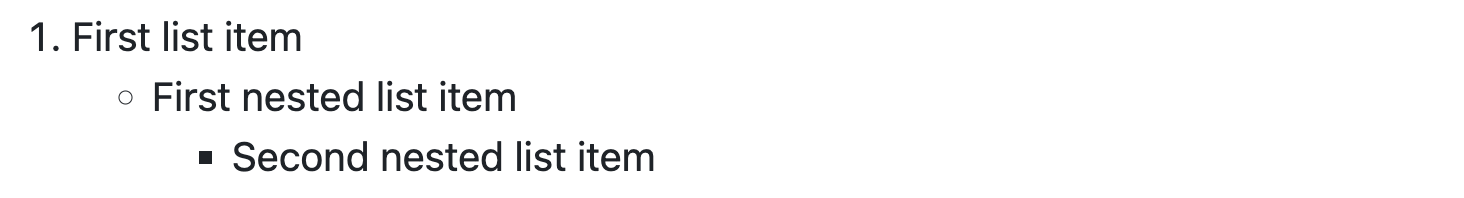 번호가 매겨진 항목과 오른쪽에 한 수준 중첩된 글머리 기호 항목, 오른쪽에 중첩된 다른 글머리 기호 항목을 보여 주는 렌더링된 GitHub Markdown의 스크린샷.
