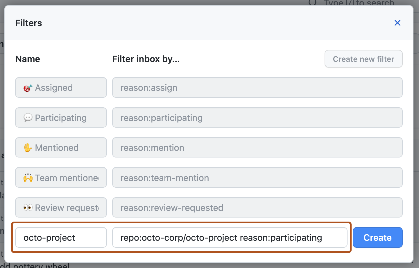 Screenshot showing notification filters. Two input fields, with an example name and filter query filled in, are highlighted with an orange outline.