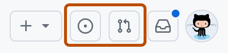 Captura de tela do cabeçalho de qualquer página no GitHub. Os ícones "Solicitações de pull" e "Problemas" são delineados em laranja escuro.