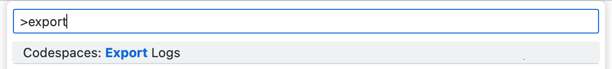 Снимок экрана: палитра команд с текстом поиска "Экспорт" и параметром "Codespaces: Export Logs".