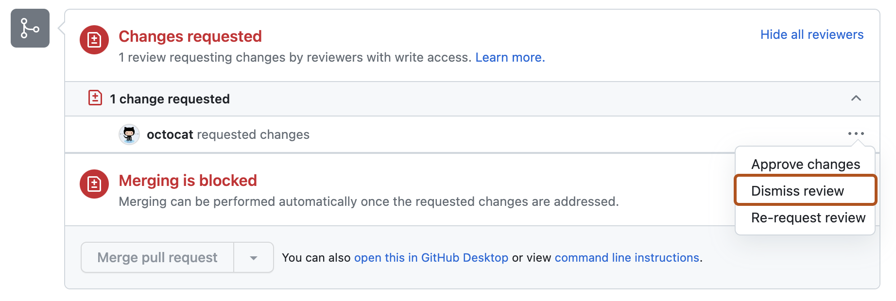 Dismissing a pull request review - GitHub Docs