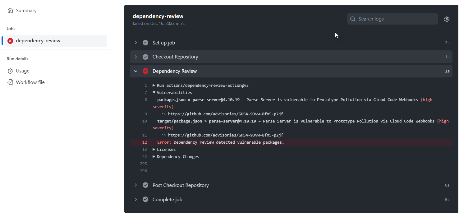 Screenshot of a workflow run that uses the Dependency review action.