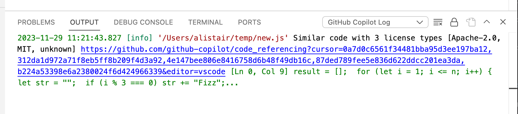 Captura de tela da janela de Saída mostrando uma entrada de log de referência de código.