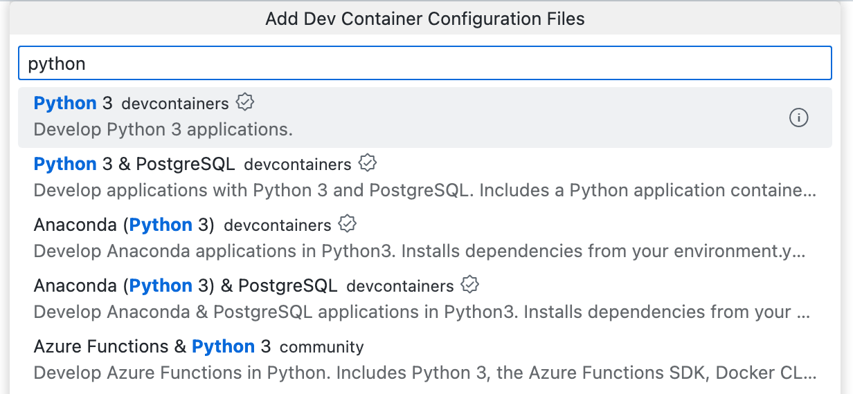 Python のオプションの一覧が表示されている、[開発コンテナー構成ファイルの追加] ドロップダウンのスクリーンショット。
