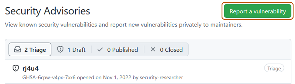 显示已启用专用漏洞报告的存储库的“报告漏洞”按钮的屏幕截图。
