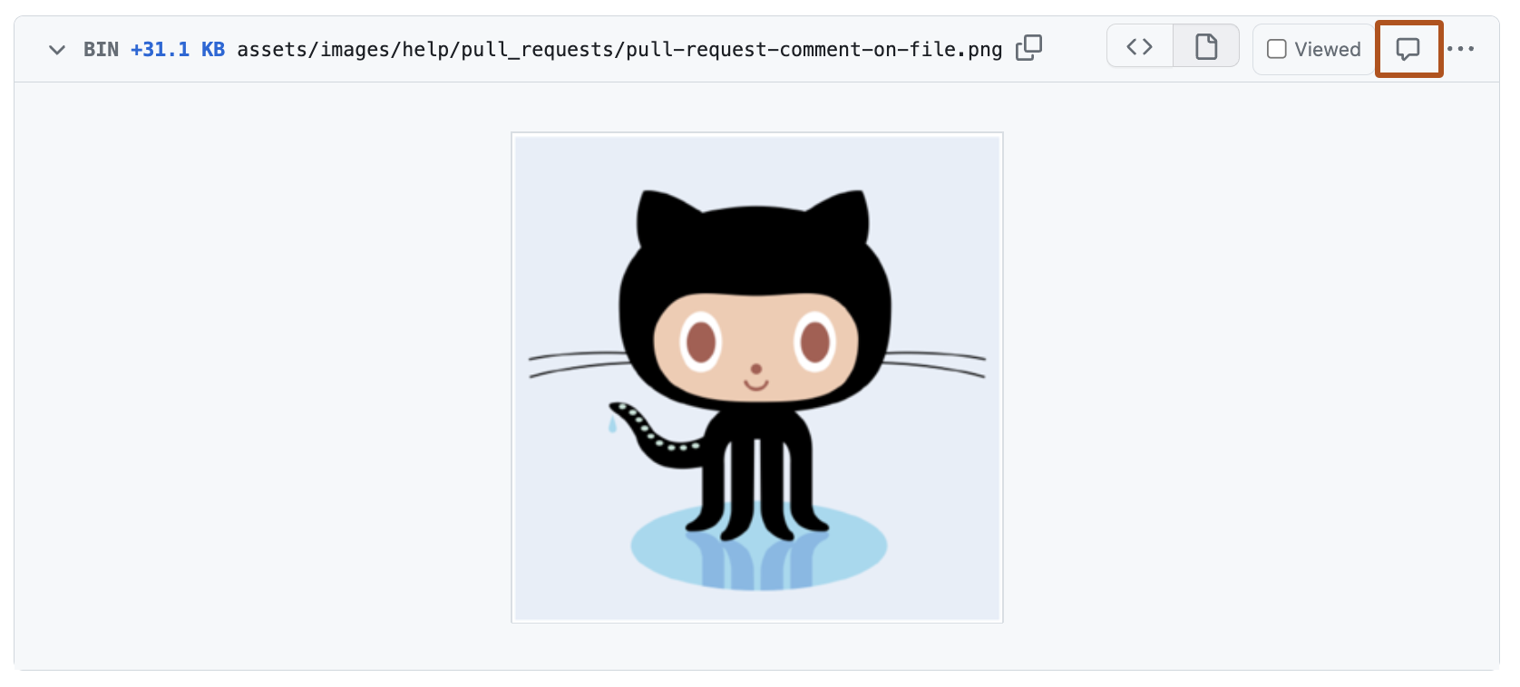 pull request の [変更されたファイル] ページの画像ファイルのスクリーンショット。 画像ファイルの右側に、コメント アイコンがオレンジ色の枠線で強調表示されています。