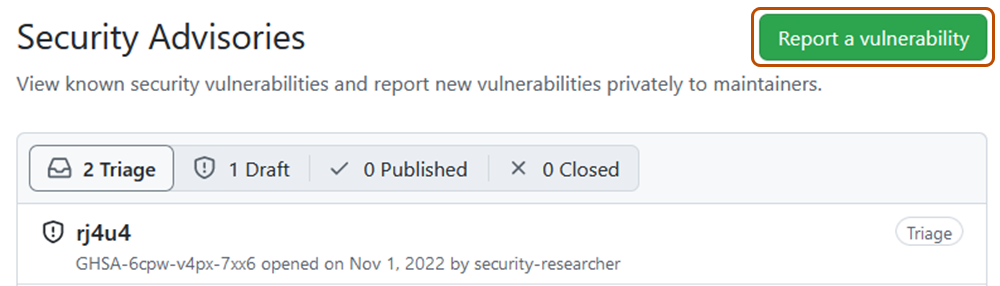 Captura de tela mostrando o botão "Relatar uma vulnerabilidade" para um repositório em que o relatório privado de vulnerabilidades foi habilitado.