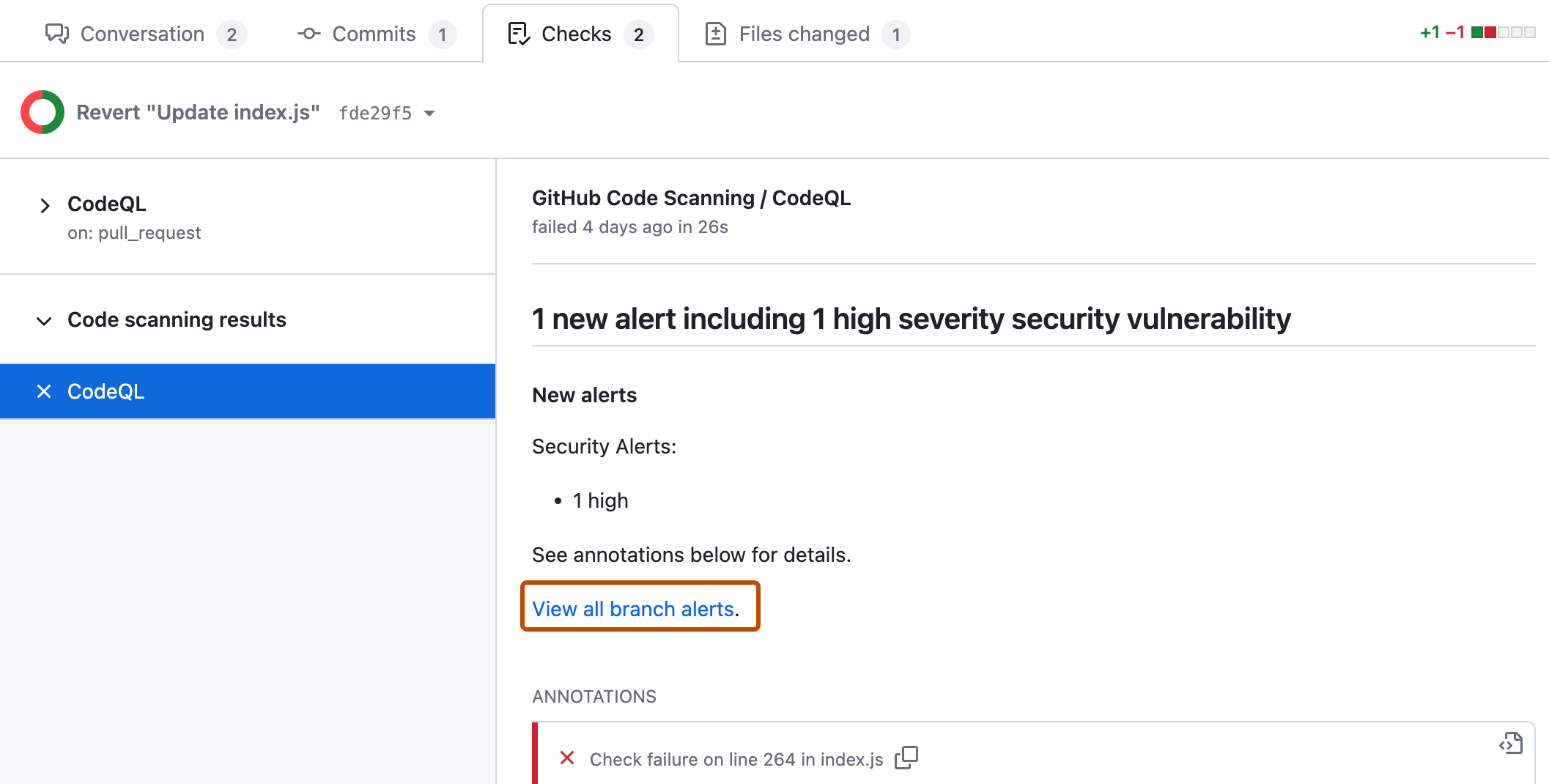 Capture d’écran de la vérification des résultats de l’Code scanning sur une demande de tirage. Le lien « Voir toutes les alertes de branche » est mis en évidence avec un encadré orange foncé.