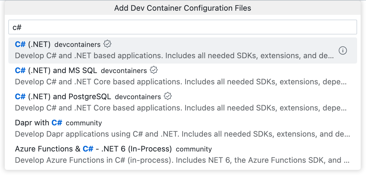 Captura de pantalla de la lista desplegable "Agregar archivos de configuración de contenedor de desarrollo", con "c#" escrito en el cuadro de texto y varias opciones de C# que se enumeran a continuación.