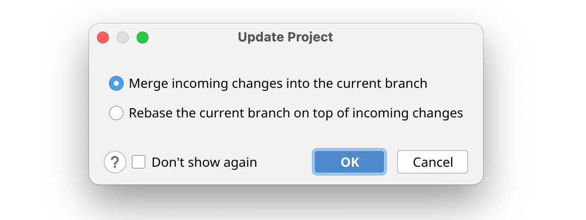 Screenshot of the "Update Project" dialog with options to merge or rebase, and a "Don't show again" checkbox.