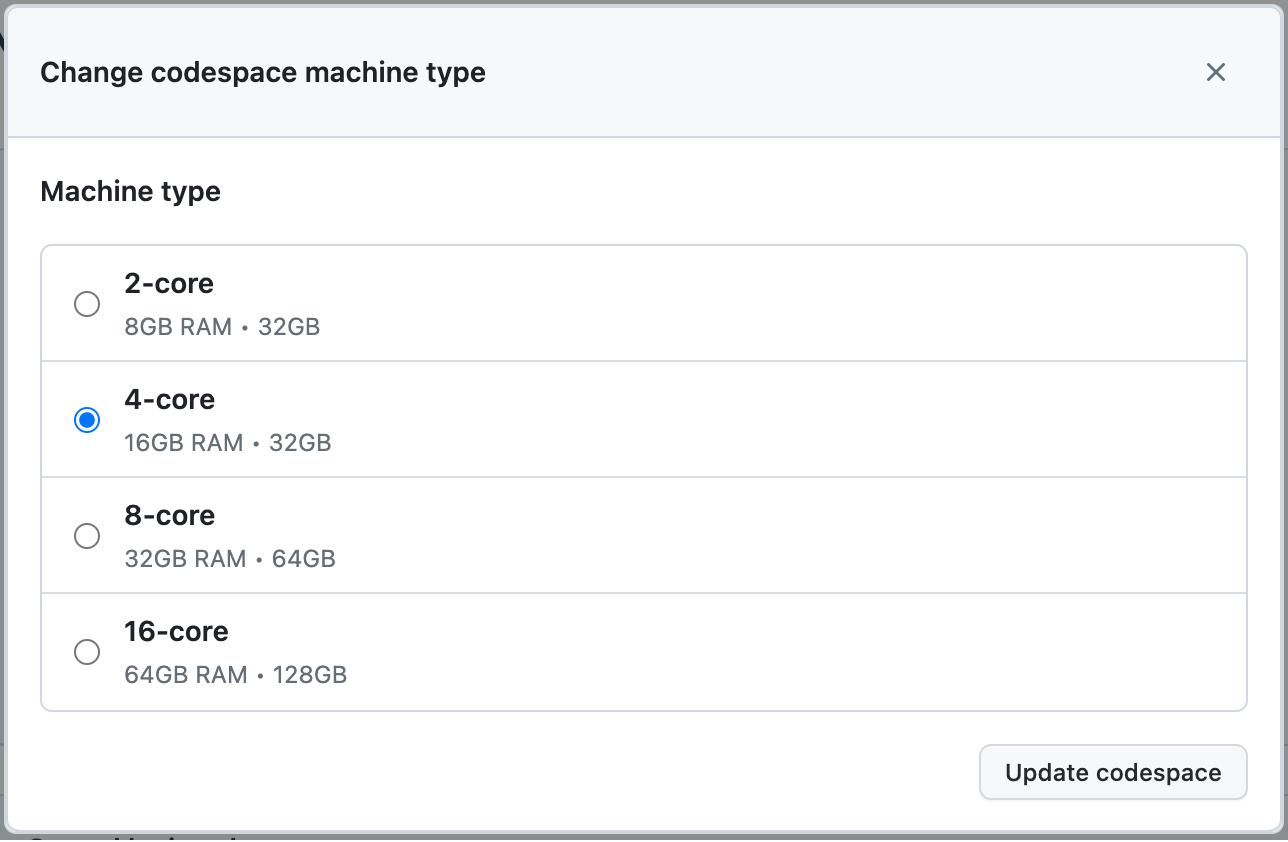 Dialog box showing available machine types to choose