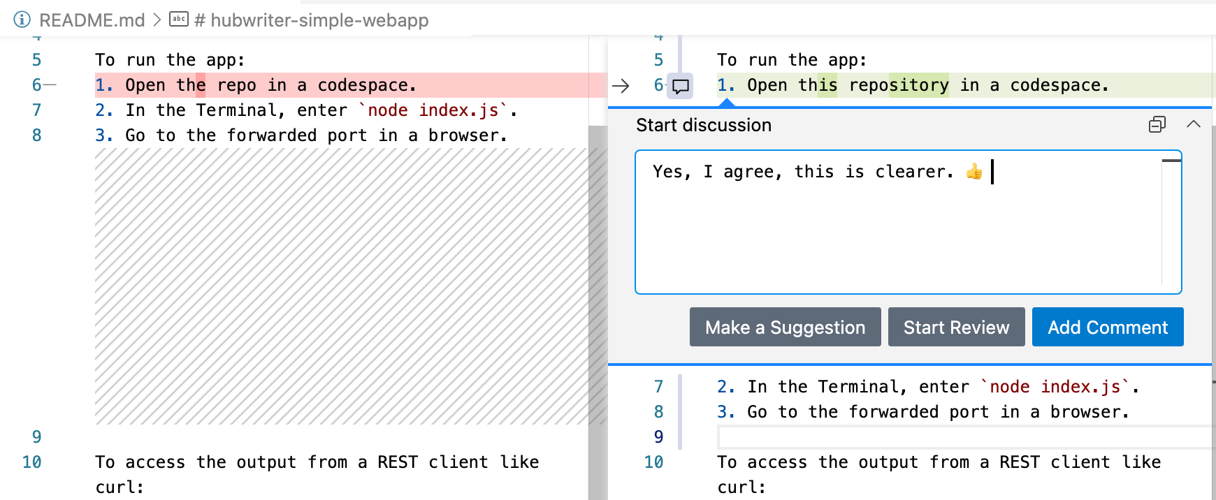 Option to open PR in a codespace.