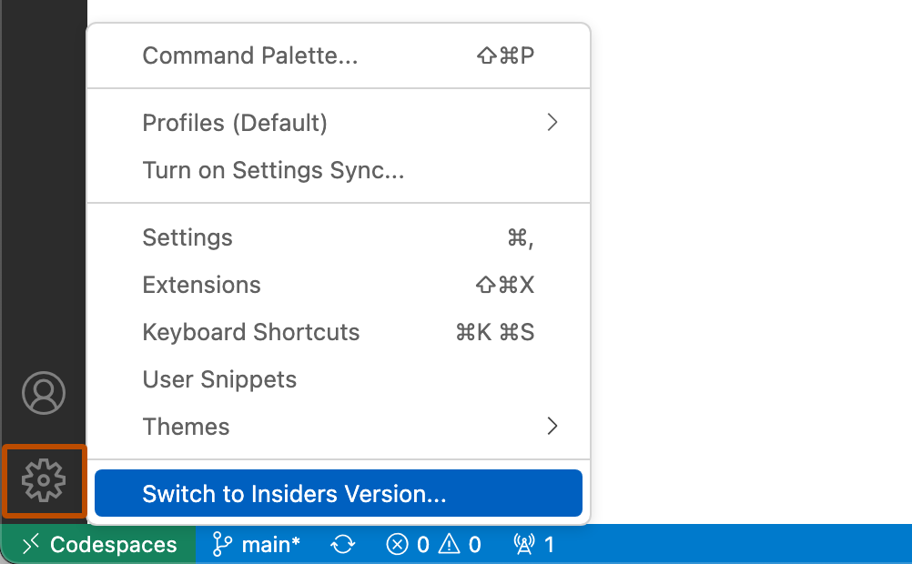 Captura de tela do cliente Web VS Code. Um ícone de engrenagem é realçado com um contorno laranja. "Alternar para a Versão Insiders" é mostrado no menu.