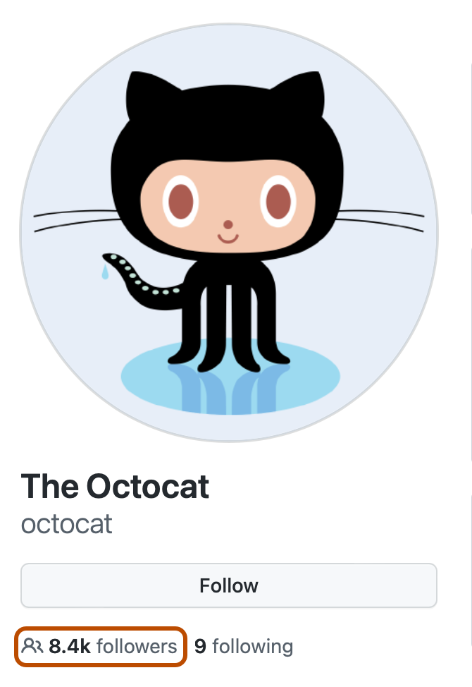 @octocat 프로필 페이지의 사이드바 스크린샷. 사람 아이콘과 "팔로워 8,400명"이라는 레이블이 있는 링크가 진한 주황색 윤곽선으로 표시되어 있습니다.