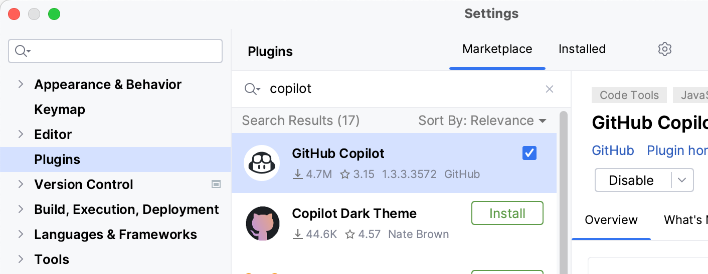 Screenshot of the "Preferences" window. A tab labeled "Marketplace" is highlighted with an orange outline. In a list of search results, the installed "GitHub Copilot" plugin is marked by a selected checkbox.