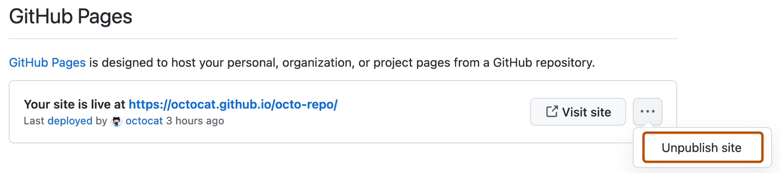 Captura de tela das configurações do GitHub Pages mostrando a URL de um site ativo do Pages. Há uma opção suspensa "Cancelar publicação do site" abaixo do ícone de kebab horizontal à direita com um contorno em laranja escuro.