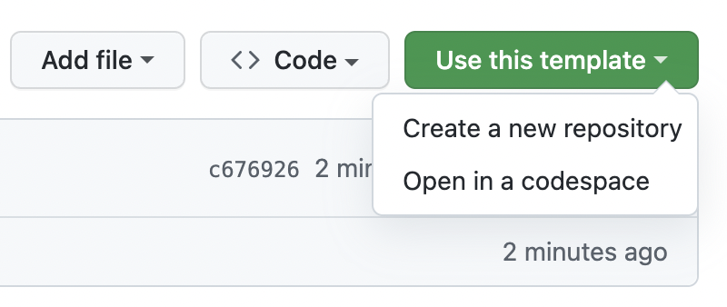 "이 템플릿 사용" 단추와 "codespace에서 열기" 옵션을 표시하도록 확장된 드롭다운 메뉴의 스크린샷.