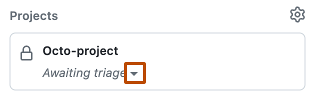 Issue のサイドバーの [Projects] セクションを示すスクリーンショット。 待機中のトリアージ オプションがオレンジ色の枠線で強調表示されています。