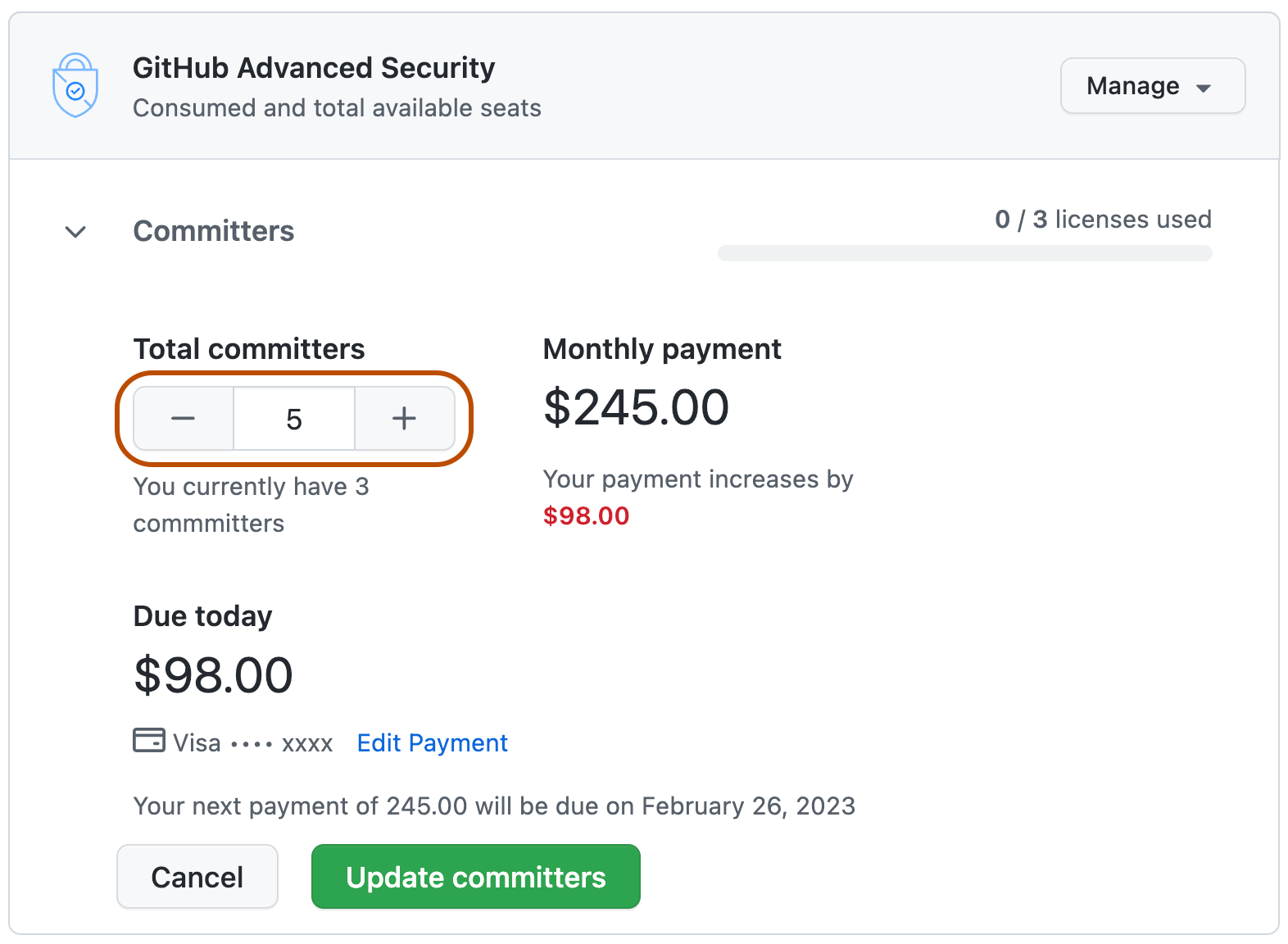 Screenshot of the GitHub Advanced Security committers screen. A text box with the number 5, a minus button on its left, and a plus button on its right, are highlighted in an orange outline.