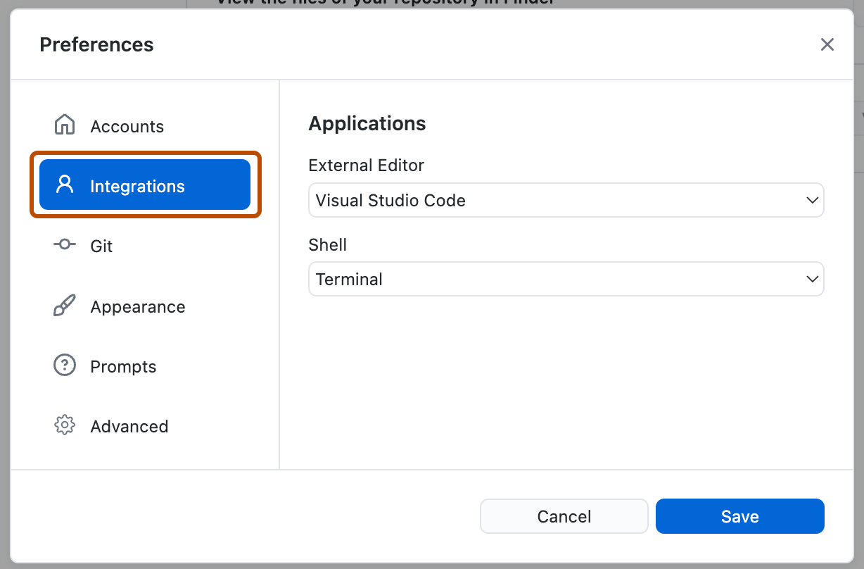 Captura de pantalla de la ventana "Preferencias". En la barra lateral izquierda, la opción "Integraciones" aparece resaltada en azul y cpn un contorno en naranja.
