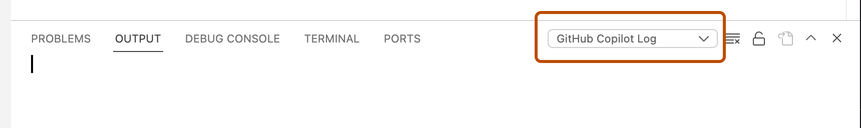 Screenshot of the Output window with "GitHub Copilot Log" selected from the dropdown menu.