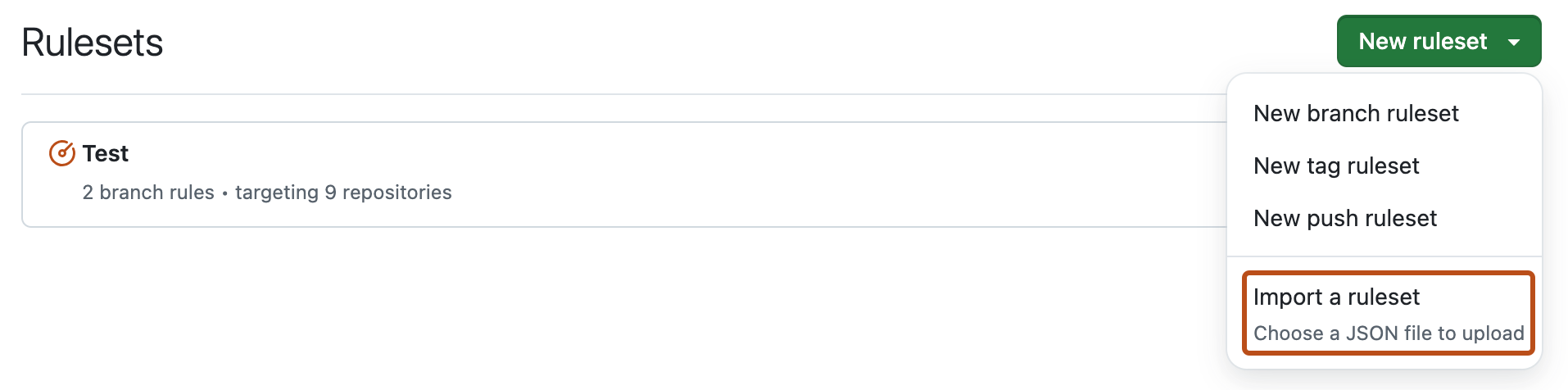 Screenshot of the page for repository rulesets. The "New ruleset" dropdown menu is expanded and the "Import a ruleset" option is outlined in orange.