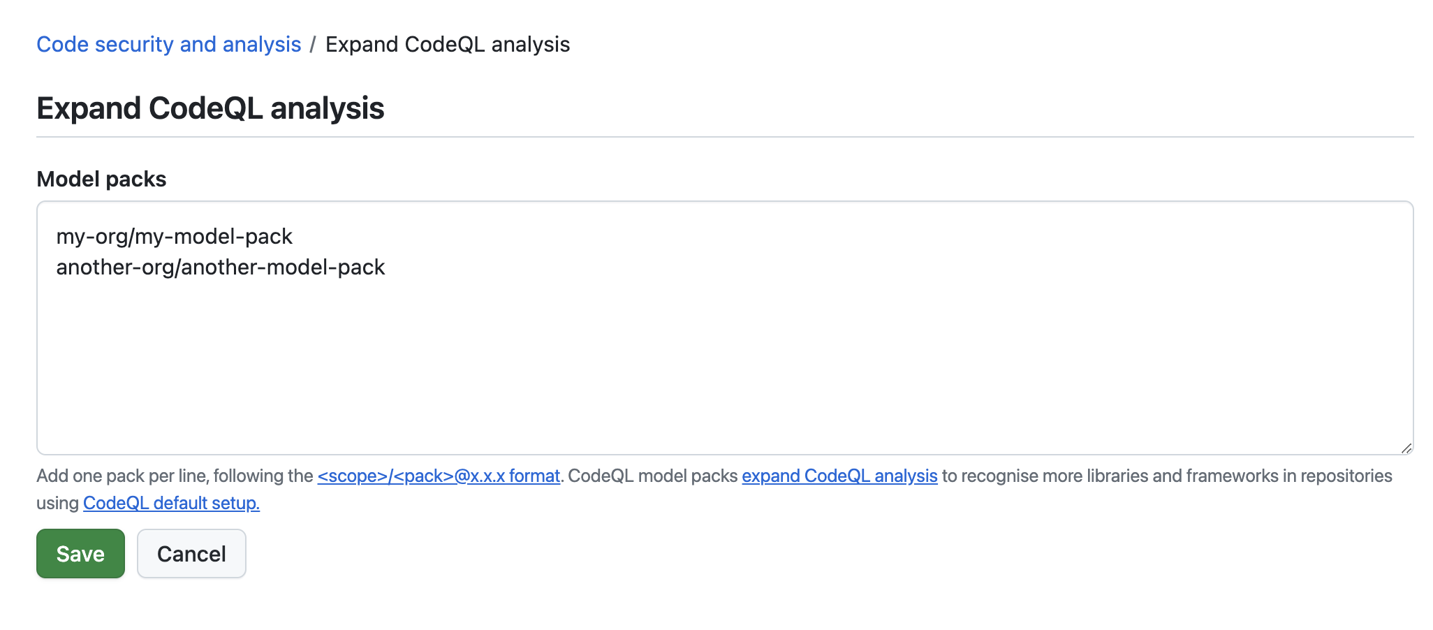 Captura de tela do modo de exibição "Expandir análise do CodeQL" nas configurações de uma organização.