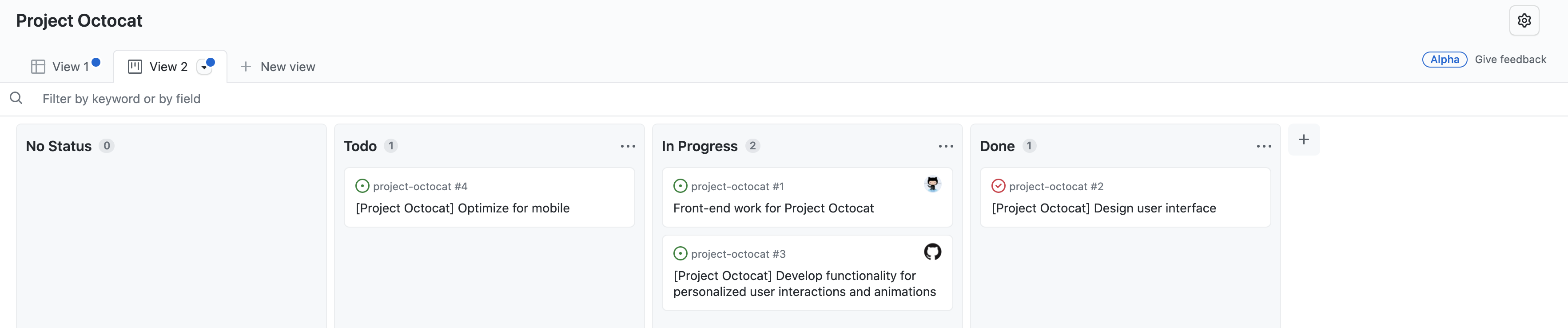 "상태 없음", "할 일", "진행 중", "완료"에 대한 열로 구성된 문제가 있는 "Project Octocat" 프로젝트의 보드 보기 스크린샷