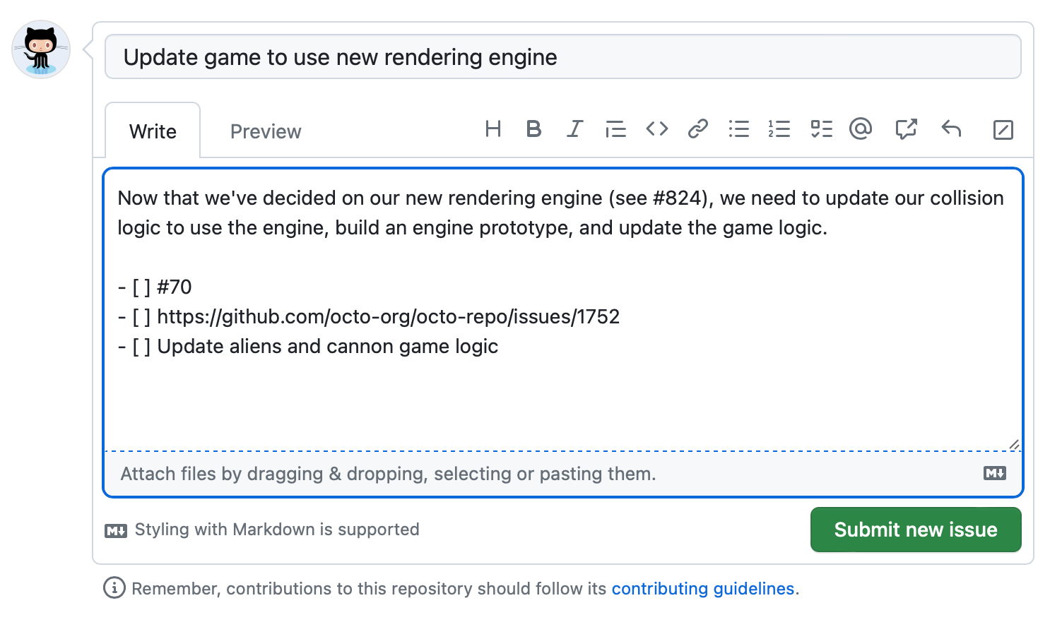 Captura de tela do formulário de um novo problema, com o título e o corpo preenchidos. O corpo inclui o Markdown de uma lista de tarefas.