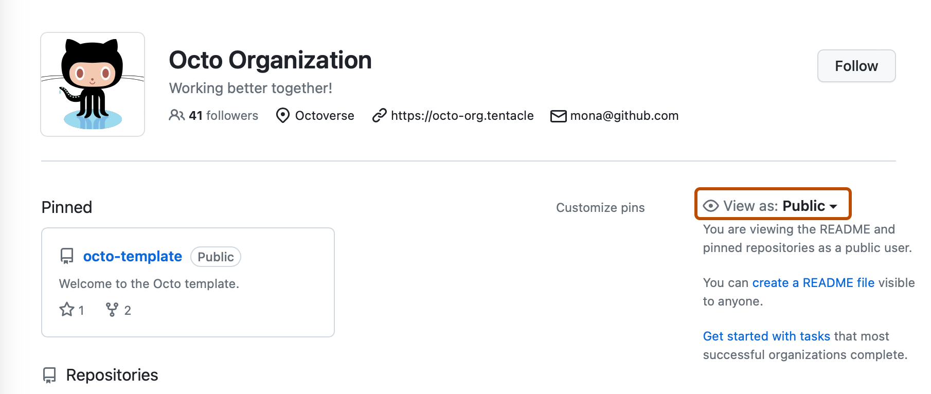 Captura de tela da página de perfil de uma organização. Na barra lateral direita, há um menu suspenso, rotulado como "Exibir como: Público", com um contorno laranja escuro.