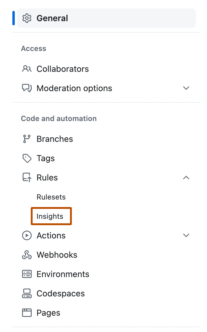 Screenshot of the sidebar of the "Settings" page for a repository. The "Rules" sub-menu is expanded, and the "Insights" option is outlined in orange.