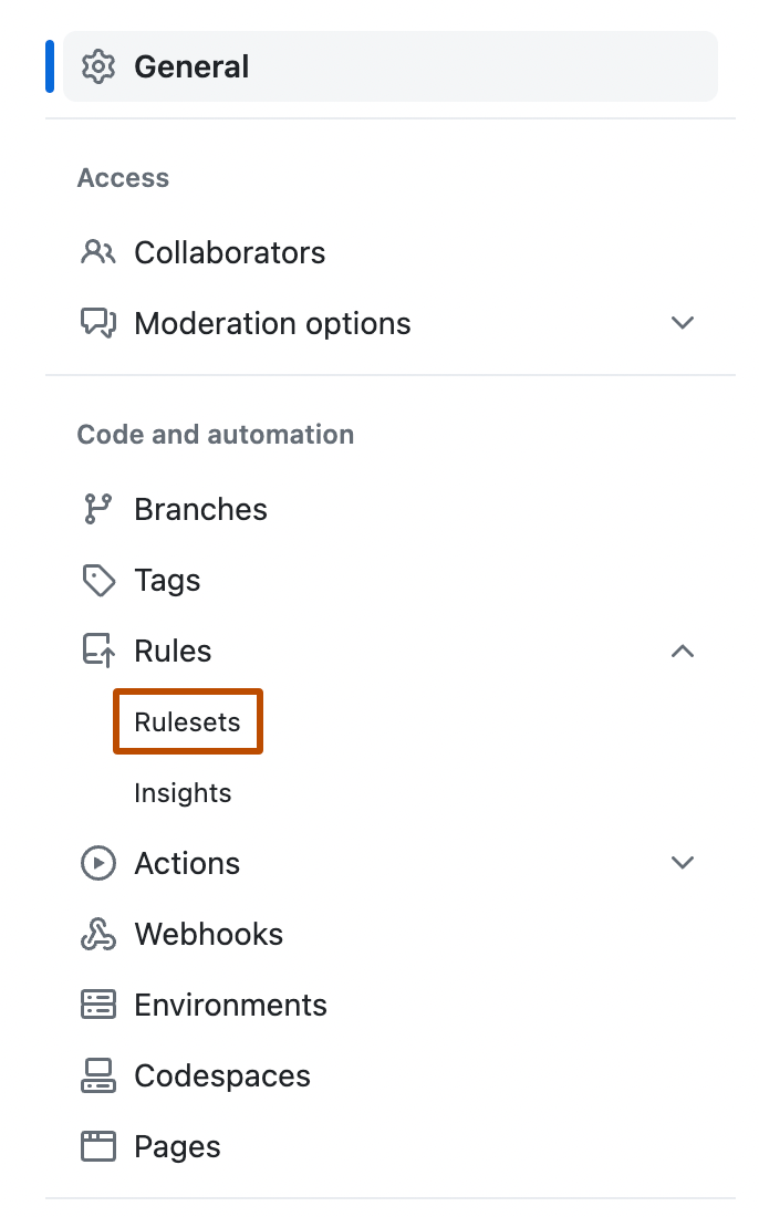 Screenshot of the sidebar of the "Settings" page for a repository. The "Rules" sub-menu is expanded, and the "Rulesets" option is outlined in orange.