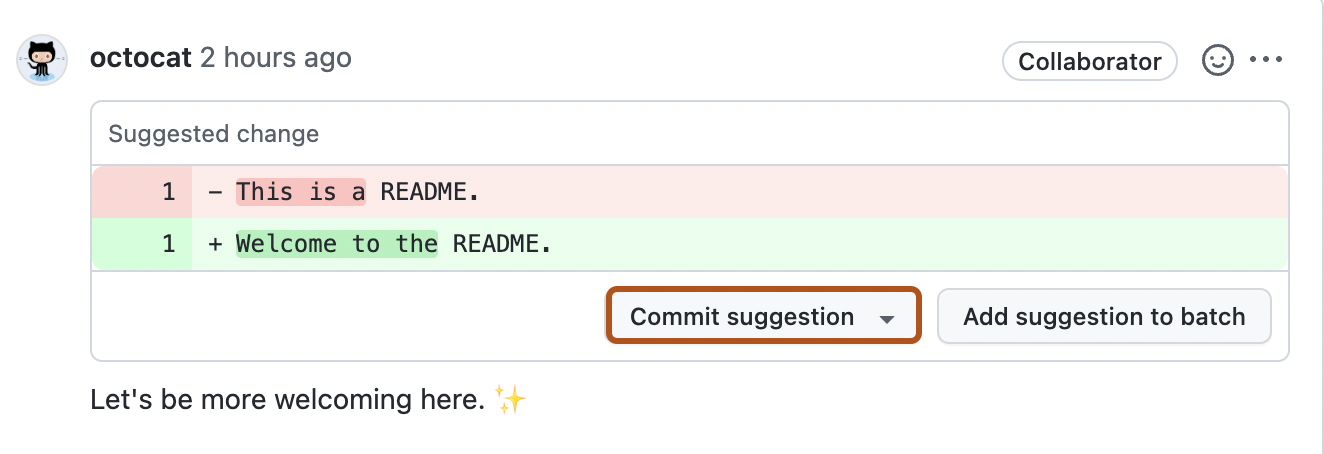 Captura de tela de um comentário de revisão com uma sugestão. A opção "Fazer commit da sugestão" está contornada em laranja escuro.