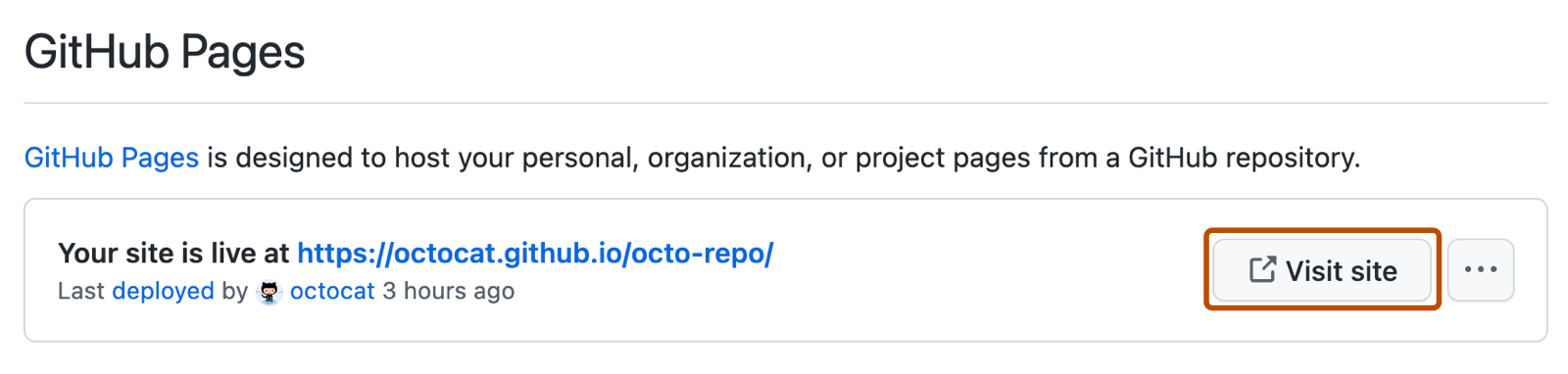 Capture d’écran d’un message de confirmation pour GitHub Pages répertoriant l’URL du site. À droite de l’URL, un bouton intitulé « Visiter le site » est délimité en orange foncé.