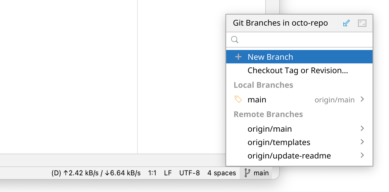 Captura de tela do menu pop-up de branches com a opção "Novo Branch" selecionada.